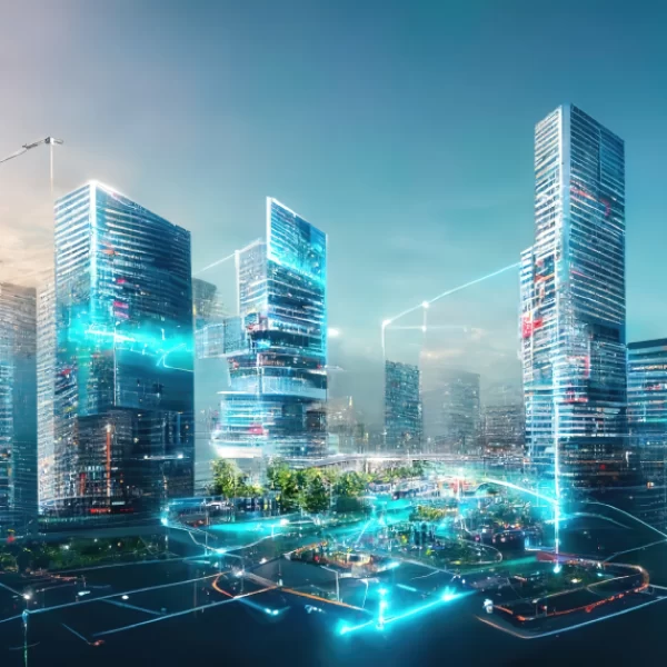 raster-illustration-metropolis-future-skyscrapers-neon-blue-glow-turquoise-telecommunication-tower-global-network-park-city-against-blue-sky-technology-concept-3d-artwork
